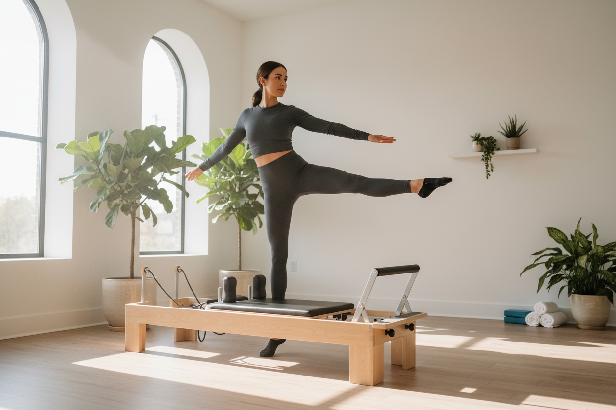 Woman performing Pilates on a reformer machine at home